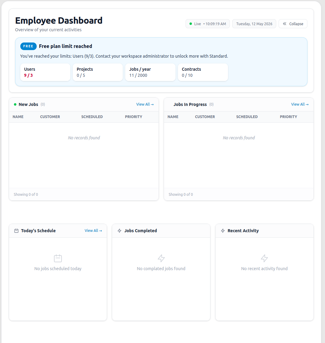 Employee Dashboard showing assigned jobs and today's schedule