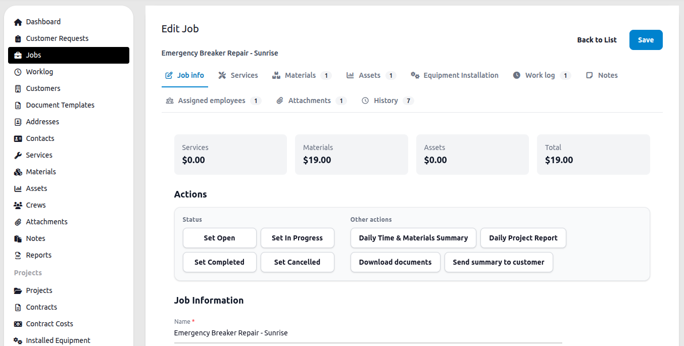 Edit Job page showing cost summary, Actions panel, and tabs