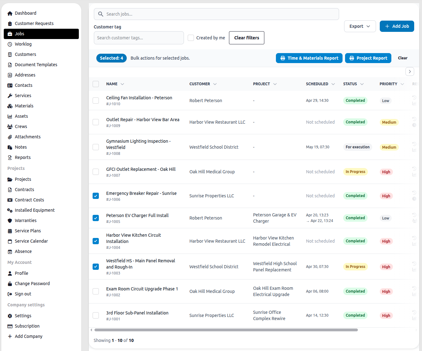 Jobs list showing bulk action buttons for reports