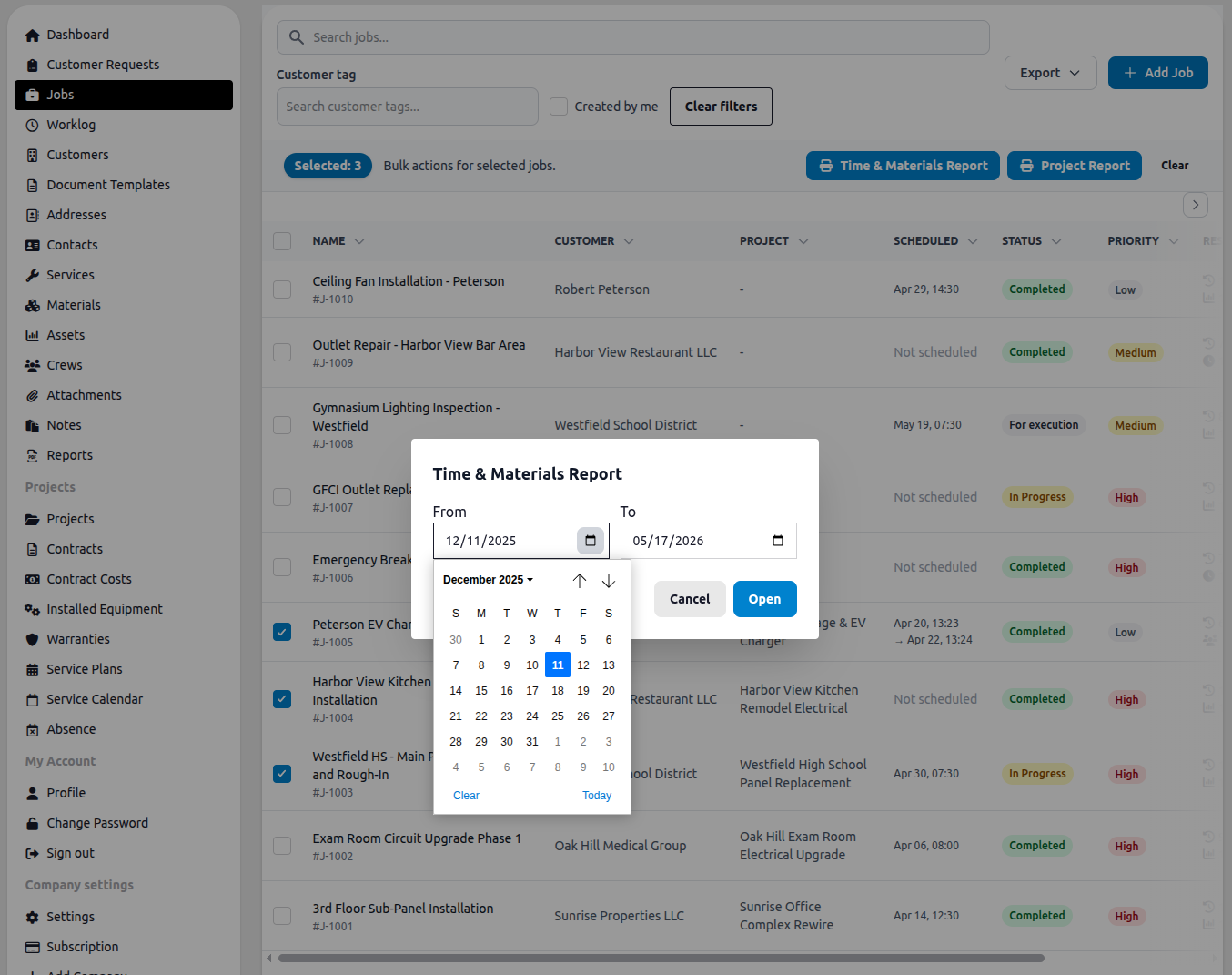 Date range picker for Time & Materials Report
