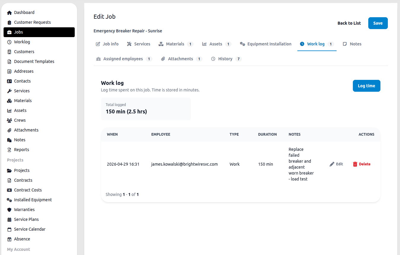 Work log tab showing time entries and Log time button