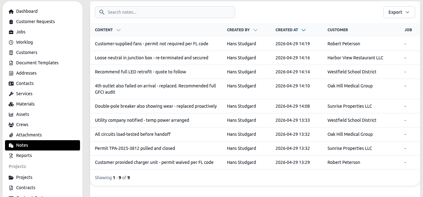 Notes list showing content, author, date, customer, and job columns