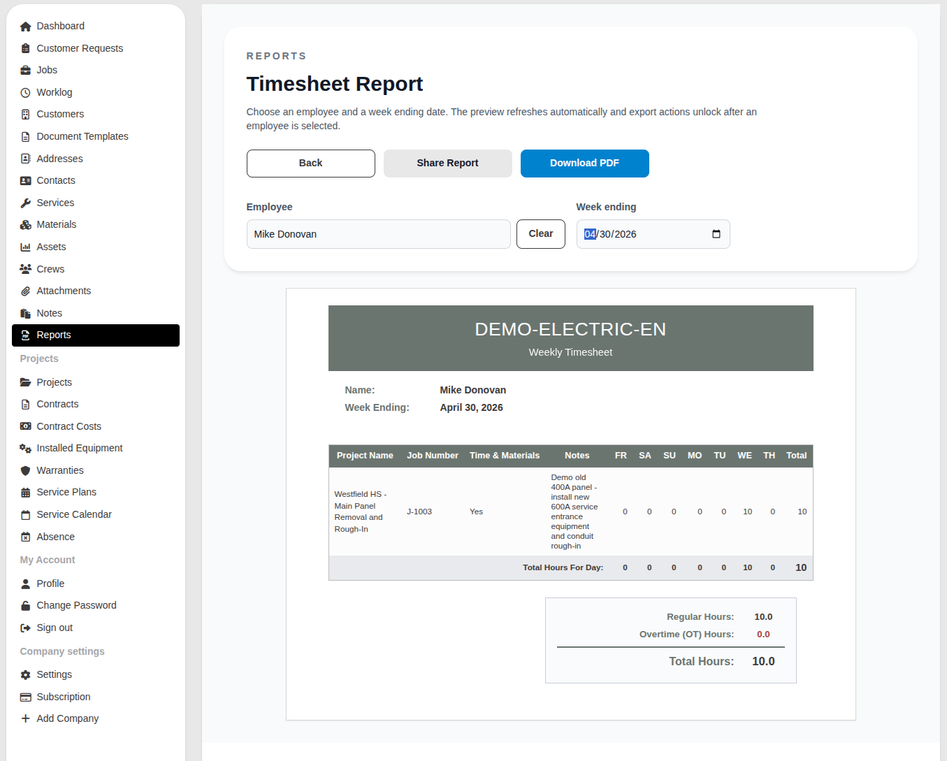 Timesheet Report preview showing weekly breakdown and hour totals