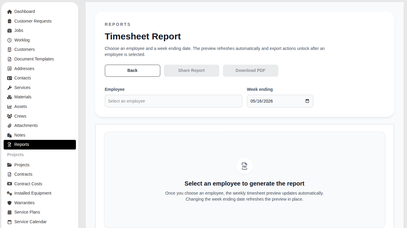Timesheet Report page showing employee and week ending selectors