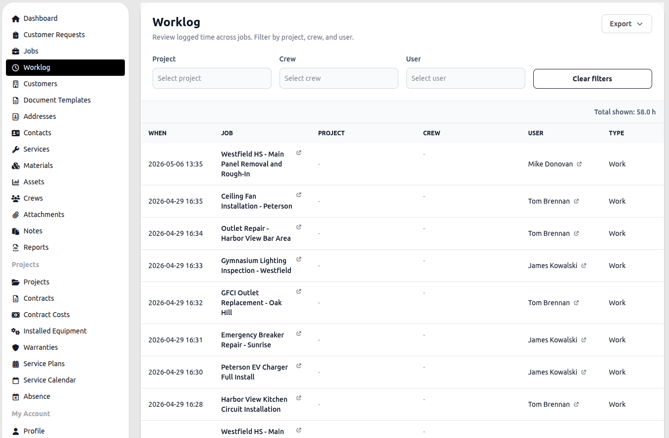 Worklog list view with filters and total hours displayed